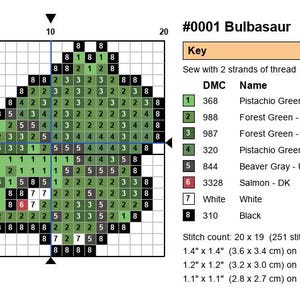 Bulbasaur Pokemon cross stitch pattern chart with DMC color key