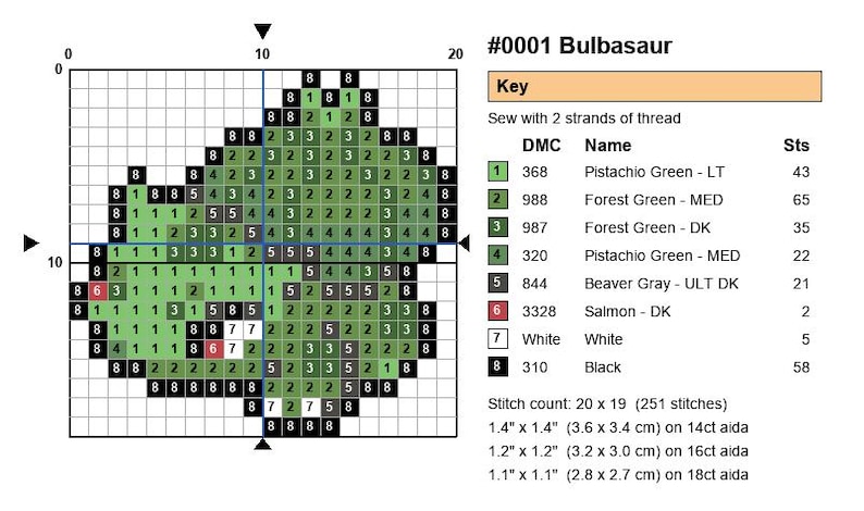 Bulbasaur Pokemon cross stitch pattern chart with DMC color key