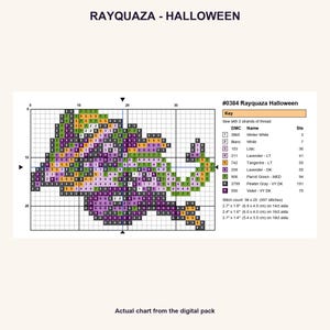 Rayquaza Halloween Pokemon cross stitch PNG chart showing numbered stitches, DMC floss key, stitch count and finished sizes for 14, 16 and 18 count Aida.