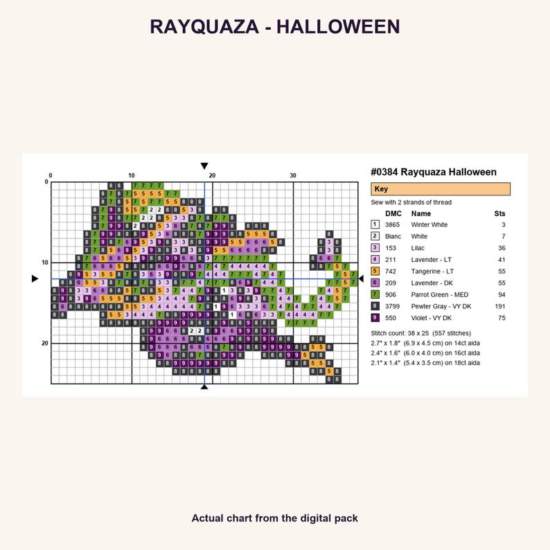 Rayquaza Halloween Pokemon cross stitch PNG chart showing numbered stitches, DMC floss key, stitch count and finished sizes for 14, 16 and 18 count Aida.