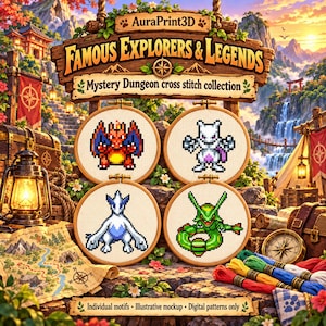 Mystery Dungeon-style legendary expedition crafting scene with Charizard, Mewtwo, Lugia and Rayquaza motifs in embroidery hoops. Illustrative mockup based on actual included sprite motifs; individual digital cross stitch charts, no physical supplies.