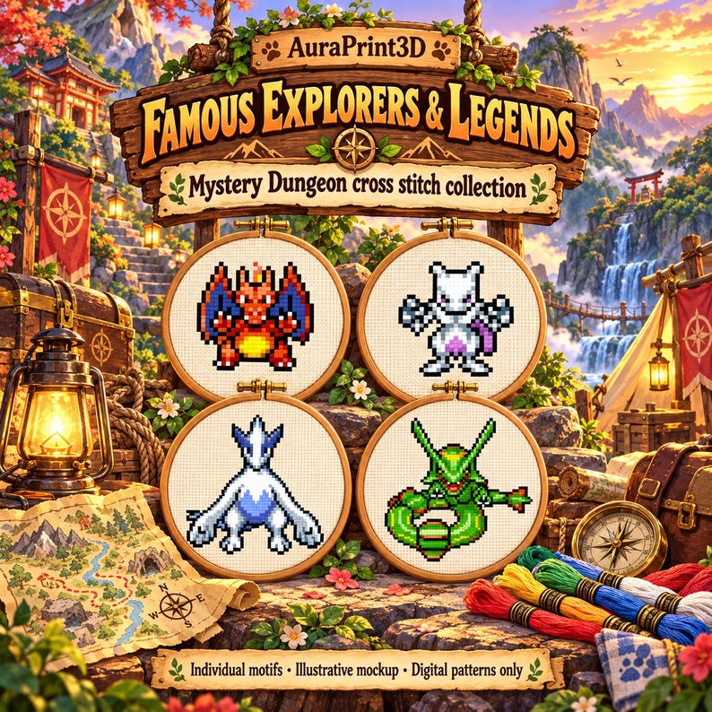 Mystery Dungeon-style legendary expedition crafting scene with Charizard, Mewtwo, Lugia and Rayquaza motifs in embroidery hoops. Illustrative mockup based on actual included sprite motifs; individual digital cross stitch charts, no physical supplies.