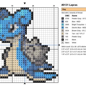 Lapras Pokemon cross stitch pattern chart with DMC color key
