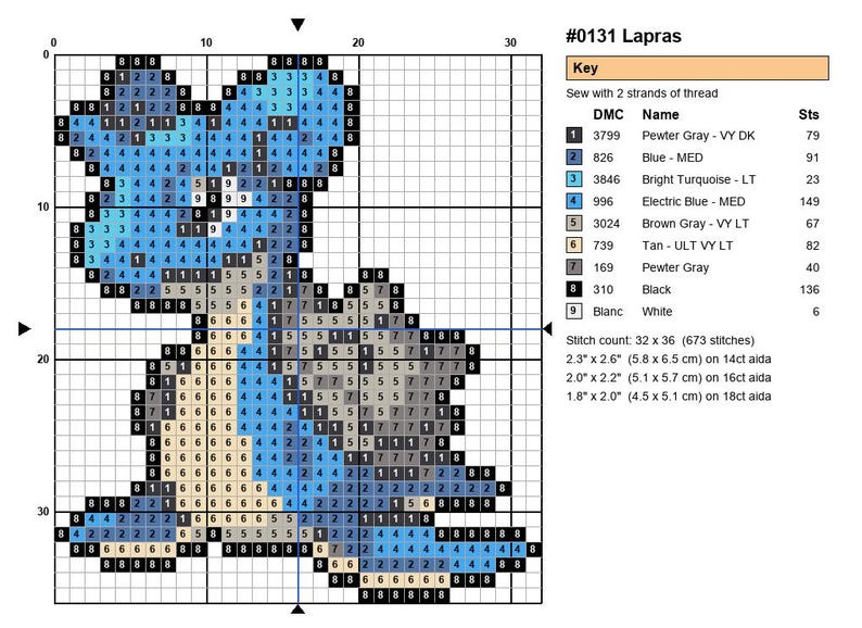 Lapras Pokemon cross stitch pattern chart with DMC color key