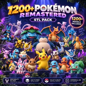 STL-paket 1200+ Pokémon | Komplett Organiserad Samling | Kommersiell Licens | FDM Resin AMS Flerfärgad | Direkt Nedladdning