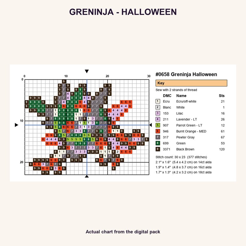 Greninja Halloween Pokemon cross stitch PNG chart showing numbered stitches, DMC floss key, stitch count and finished sizes for 14, 16 and 18 count Aida.