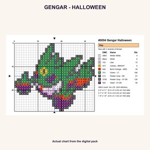 Gengar Halloween Pokemon cross stitch PNG chart showing numbered stitches, DMC floss key, stitch count and finished sizes for 14, 16 and 18 count Aida.