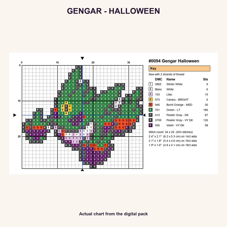 Gengar Halloween Pokemon cross stitch PNG chart showing numbered stitches, DMC floss key, stitch count and finished sizes for 14, 16 and 18 count Aida.