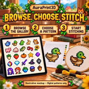 Illustrative three-step guide: browse the preview gallery, choose a pattern and start stitching. Gallery runs offline after extracting the ZIP.