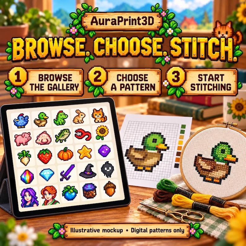 Illustrative three-step guide: browse the preview gallery, choose a pattern and start stitching. Gallery runs offline after extracting the ZIP.