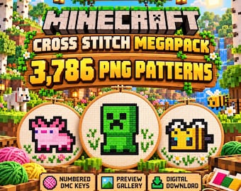 以下が含まれることがあります： 3,786個のPNGパターンを含むデジタルマインクラフトクロスステッチメガパック。画像には、ピンクの豚、緑のクリーパー、黄色のハチのピクセル化されたデザインが入った3つの木製刺繍枠と、テキストオーバーレイが表示されています。