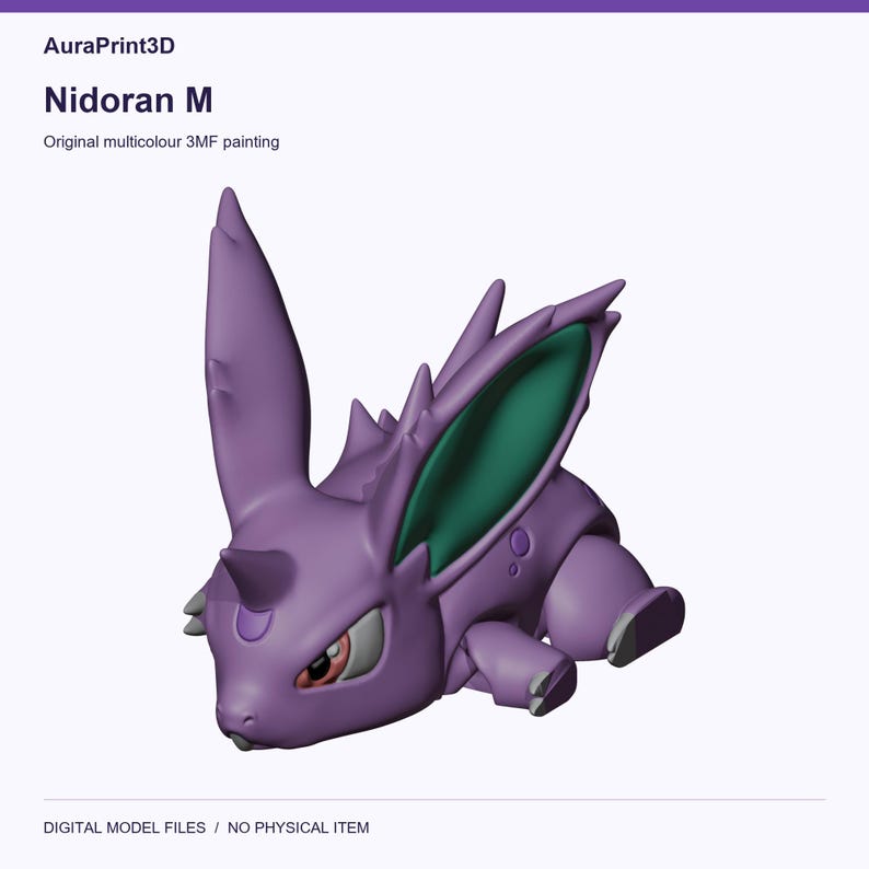 Nidoran M actual included 3D model rendered in colour. Colours recovered from its supplied 3MF project.