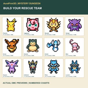 Build Your Rescue Team: actual DMC previews of 12 Mystery Dungeon-style motifs, with names, stitch dimensions and thread counts. Individual numbered digital charts.
