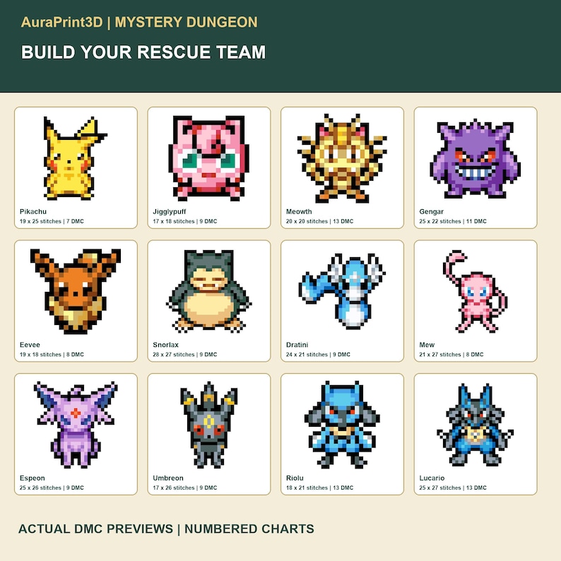 Build Your Rescue Team: actual DMC previews of 12 Mystery Dungeon-style motifs, with names, stitch dimensions and thread counts. Individual numbered digital charts.