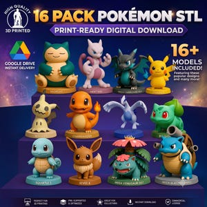 16 Pokemon STL Bundle cover - Pikachu, Mega Charizard X, Mewtwo, Lugia and more, print-ready digital download
