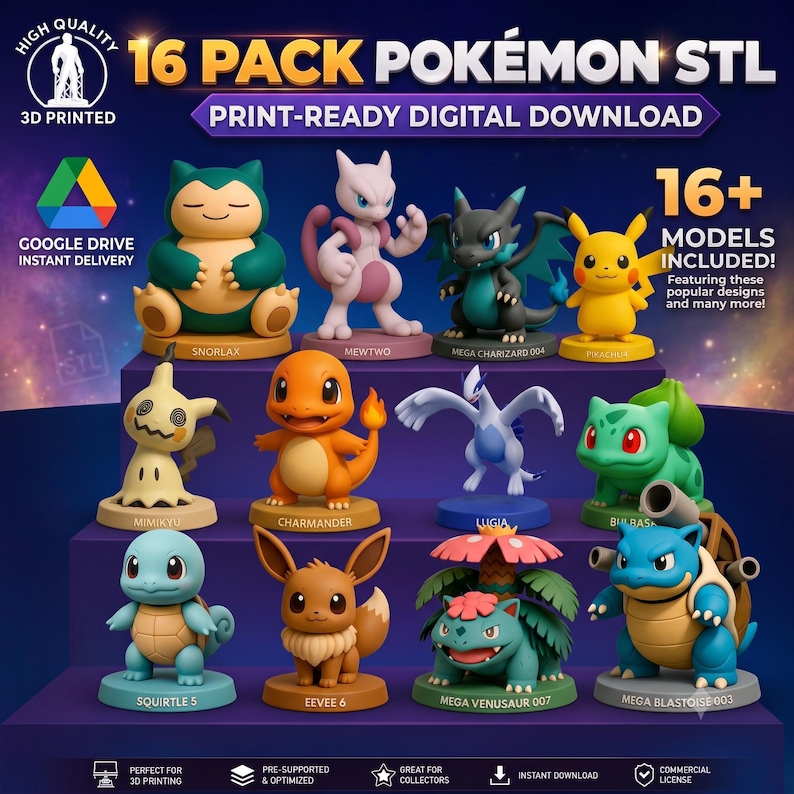 16 Pokemon STL Bundle cover - Pikachu, Mega Charizard X, Mewtwo, Lugia and more, print-ready digital download