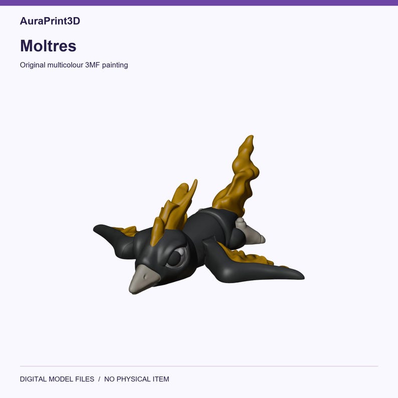 Moltres actual included 3D model rendered in colour. Colours recovered from its supplied 3MF project.