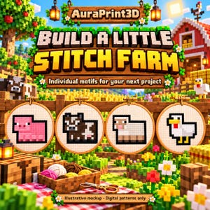 Illustrative Minecraft stitch farm with pig, cow, sheep and chicken motifs in four embroidery hoops, a blocky barn and crafting supplies. Individual digital cross stitch motifs shown together; no physical embroidery or supplies included.