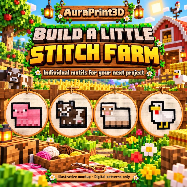 Illustrative Minecraft stitch farm with pig, cow, sheep and chicken motifs in four embroidery hoops, a blocky barn and crafting supplies. Individual digital cross stitch motifs shown together; no physical embroidery or supplies included.