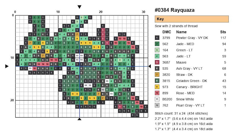 Rayquaza Pokemon cross stitch pattern chart with DMC color key