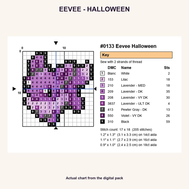 Eevee Halloween Pokemon cross stitch PNG chart showing numbered stitches, DMC floss key, stitch count and finished sizes for 14, 16 and 18 count Aida.
