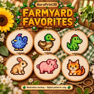 Illustrative stitched farm animal sampler: blue chicken, duck, dinosaur, rabbit, pig and cat.