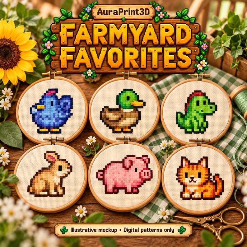 Illustrative stitched farm animal sampler: blue chicken, duck, dinosaur, rabbit, pig and cat.