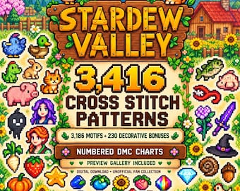 以下が含まれることがあります： Stardew Valleyのクロスステッチパターン3,416種類を収録したデジタルコレクション。動物、作物、宝石、キャラクターなどのピクセルアートが描かれています。画像にはAuraPrint3D、3,186種類のモチーフ、230種類の装飾ボーナス、番号付きDMCチャートのテキストが含まれています。