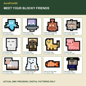 Meet Your Blocky Friends: twelve actual numbered DMC motif previews from the Minecraft cross stitch pack. Pixel diagrams with stitch dimensions and DMC color counts; digital patterns, no supplies.