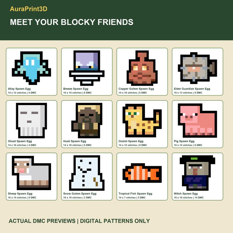 Meet Your Blocky Friends: twelve actual numbered DMC motif previews from the Minecraft cross stitch pack. Pixel diagrams with stitch dimensions and DMC color counts; digital patterns, no supplies.