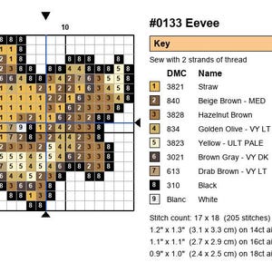 Eevee Pokemon cross stitch pattern chart with DMC color key