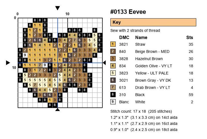 Eevee Pokemon cross stitch pattern chart with DMC color key