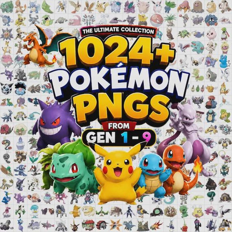 1368 Pokemon PNG artwork pack cover, full Pokedex Gen 1-9, commercial license