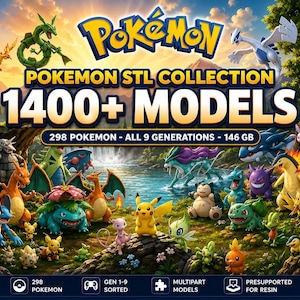 Pokemon STL collection cover, 1400+ models, 298 Pokemon, all 9 generations, 146 GB