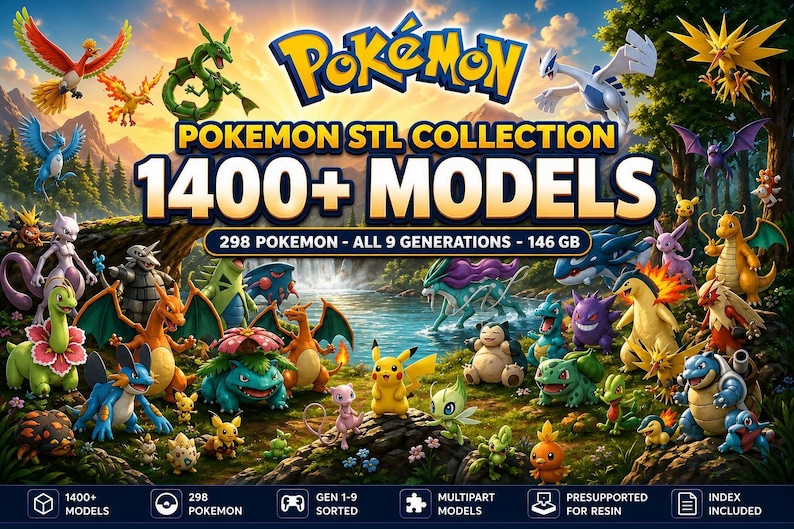 Pokemon STL collection cover, 1400+ models, 298 Pokemon, all 9 generations, 146 GB
