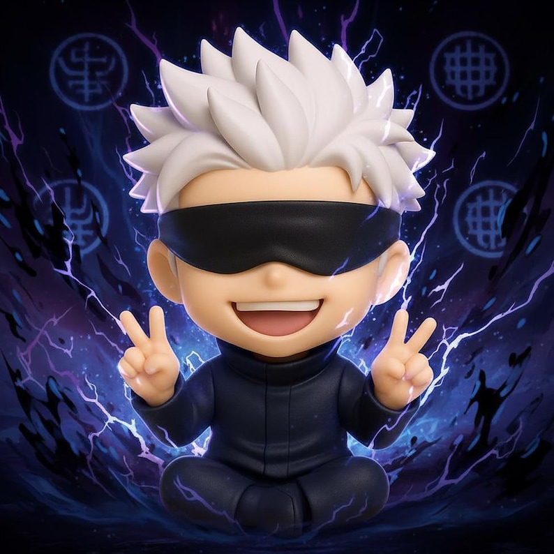 Satoru Gojo Chibi Seated Pokemon STL 3D printed figure, front view