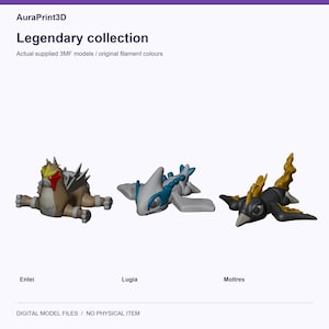Legendary collection: Entei, Lugia, Moltres. Real model renders using colours from included 3MF projects.