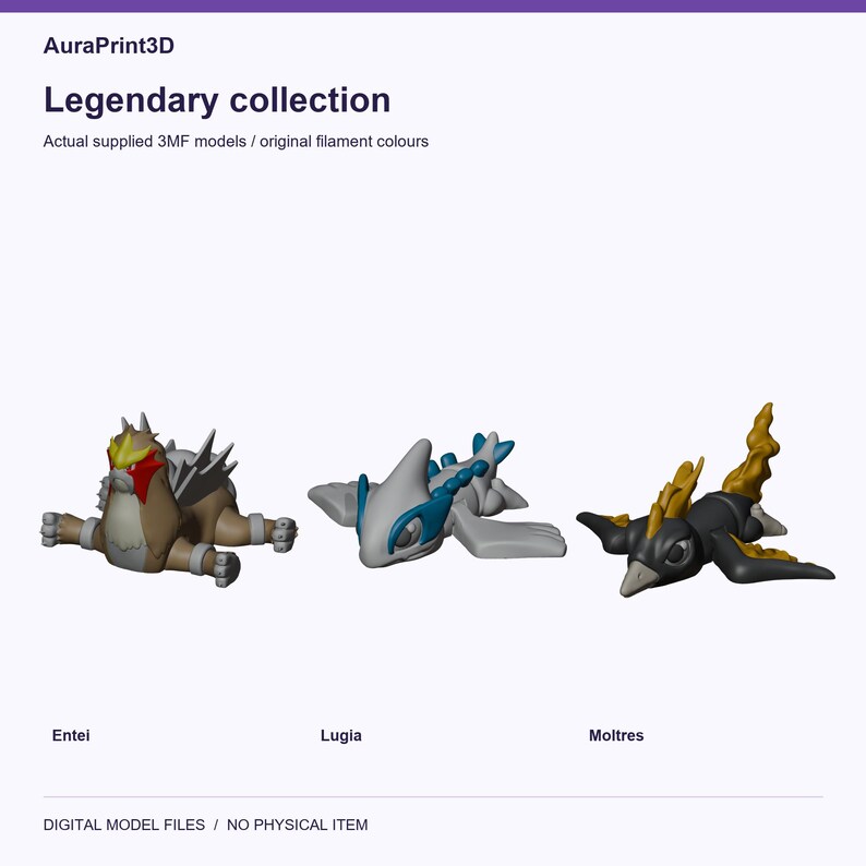 Legendary collection: Entei, Lugia, Moltres. Real model renders using colours from included 3MF projects.