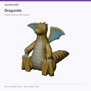 Dragonite actual included 3D model rendered in colour. Colours recovered from its supplied 3MF project.