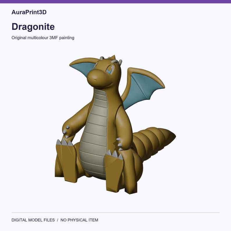 Dragonite actual included 3D model rendered in colour. Colours recovered from its supplied 3MF project.