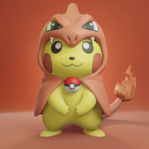 Pikachu wearing Charizard-hood costume STL figure, 3D printable Pokemon model