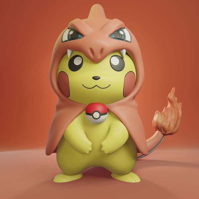 Pikachu wearing Charizard-hood costume STL figure, 3D printable Pokemon model