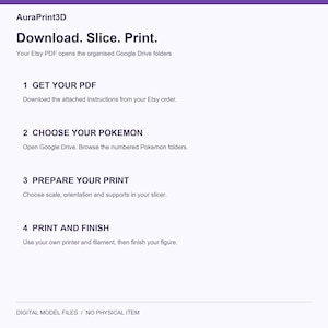 Digital delivery instructions: download the Etsy PDF, open numbered Pokemon folders on Google Drive, choose slicer settings and print. No physical item is supplied.