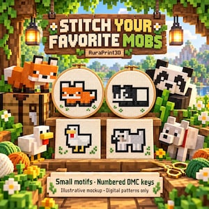 Illustrative Minecraft embroidery mockup with fox, panda, chicken and wolf motifs, wooden crafting shelf, yarn and lanterns. Small digital cross stitch patterns with numbered DMC keys; no physical supplies.