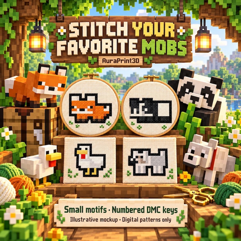 Illustrative Minecraft embroidery mockup with fox, panda, chicken and wolf motifs, wooden crafting shelf, yarn and lanterns. Small digital cross stitch patterns with numbered DMC keys; no physical supplies.