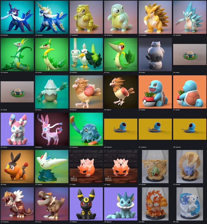 Folder preview of the organized 1200+ Pokemon STL pack, showing Samurott, Serperior, Snorlax, Squirtle, Sylveon, Umbreon, Vaporeon and more named folders