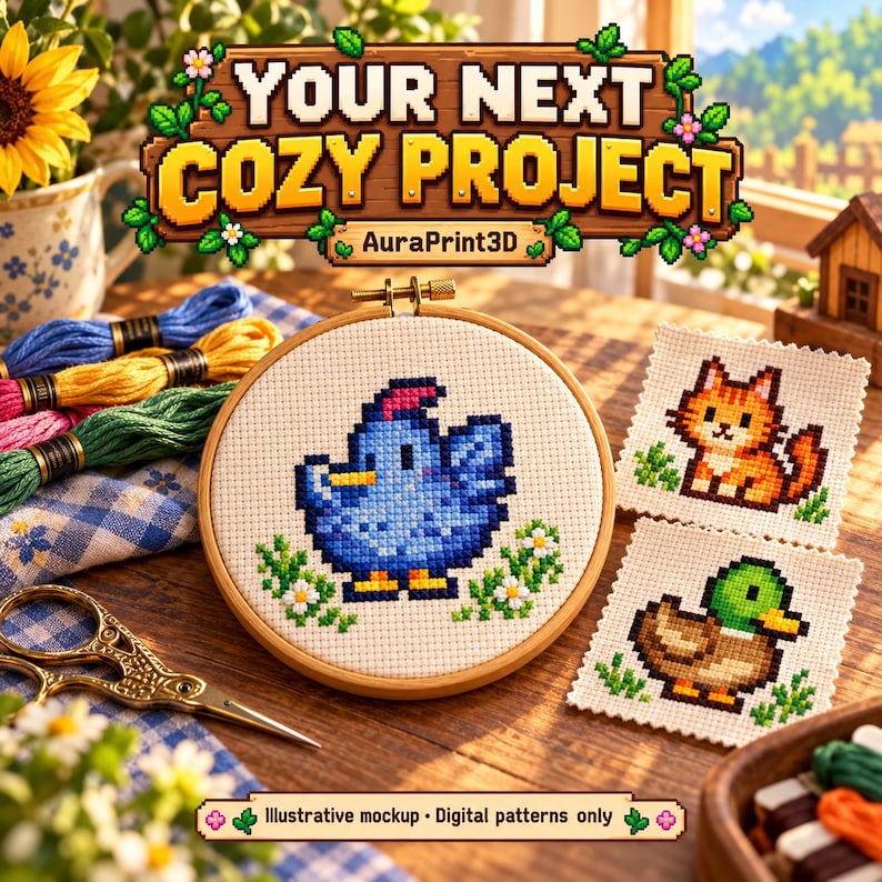 Illustrative cozy stitching scene with blue chicken, orange cat and duck. Digital patterns only; physical supplies not included.