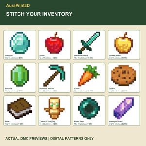 Stitch Your Inventory: twelve actual numbered DMC motif previews from the Minecraft cross stitch pack. Pixel diagrams with stitch dimensions and DMC color counts; digital patterns, no supplies.