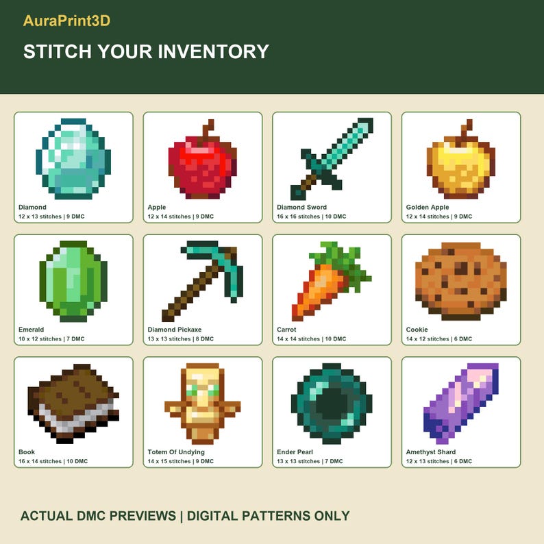 Stitch Your Inventory: twelve actual numbered DMC motif previews from the Minecraft cross stitch pack. Pixel diagrams with stitch dimensions and DMC color counts; digital patterns, no supplies.