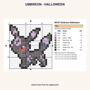 Umbreon Halloween Pokemon cross stitch PNG chart showing numbered stitches, DMC floss key, stitch count and finished sizes for 14, 16 and 18 count Aida.